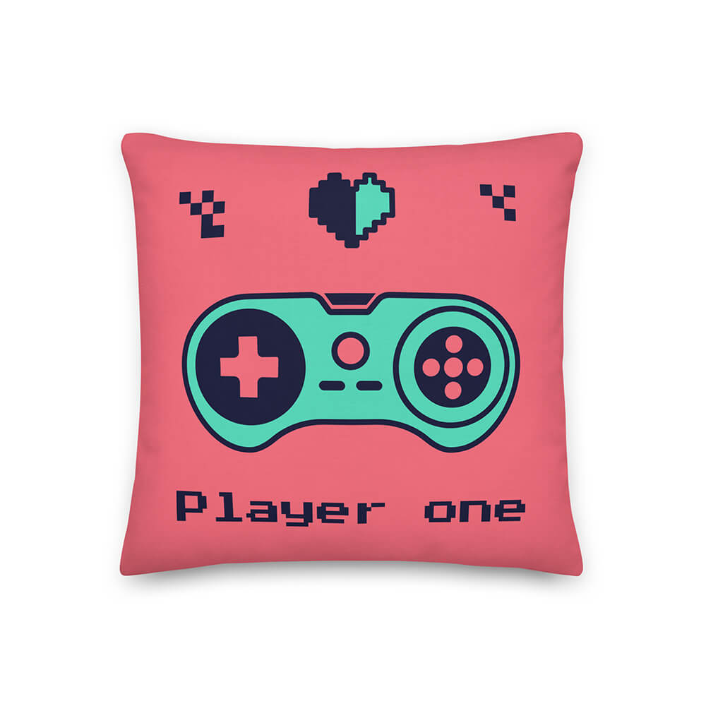 Retro Pixelated First Player Gamepad Throw Pillow 18x18"