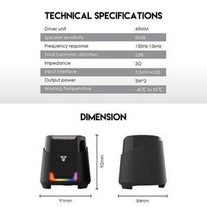 RGB Mini 2.0 Speakers USB 3.5mm Jack In-Line Volume Control Specifications