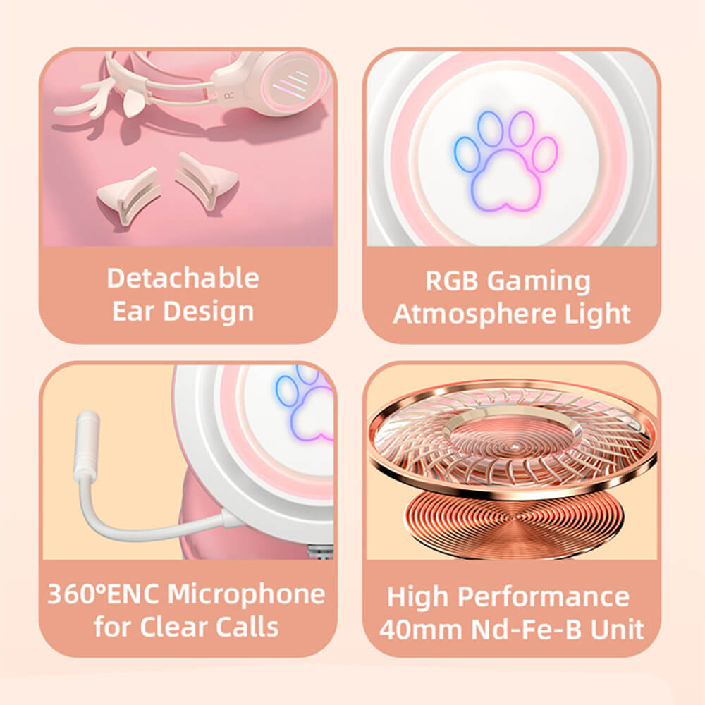 RGB Pastel Feline Headset Microphone HiFi USB 3.5mm Jack Features