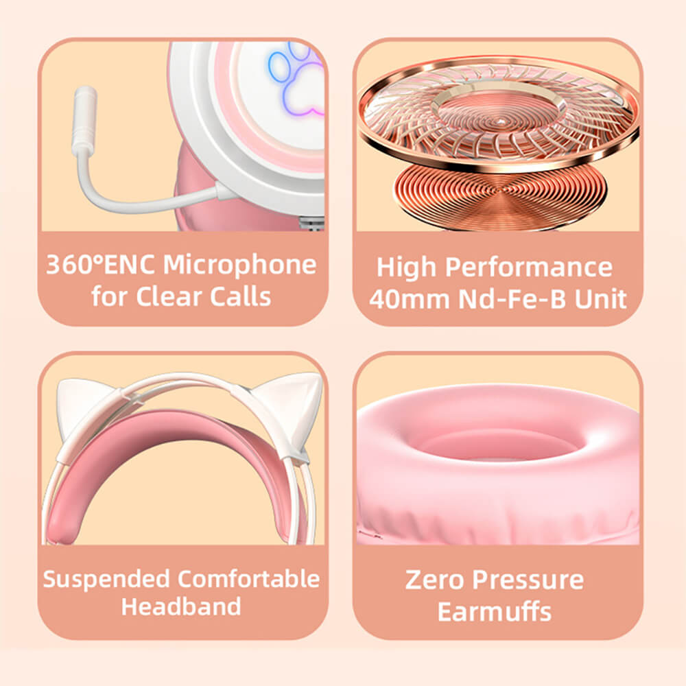 RGB Pastel Feline Headset Microphone HiFi USB 3.5mm Jack Additional Features