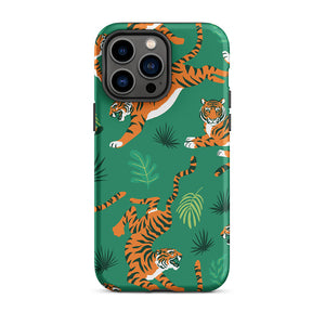 Savage Tiger Floral Green Leaves iPhone 14 Pro Max Robust Case
