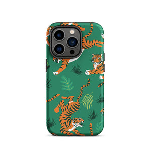 Savage Tiger Floral Green Leaves iPhone 14 Pro Robust Case