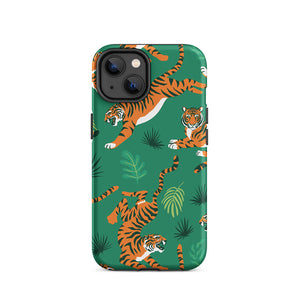 Savage Tiger Floral Green Leaves iPhone 14 Robust Case