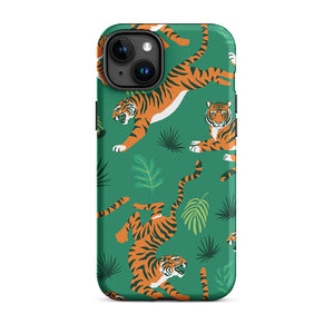 Savage Tiger Floral Green Leaves iPhone 15 Plus Robust Case