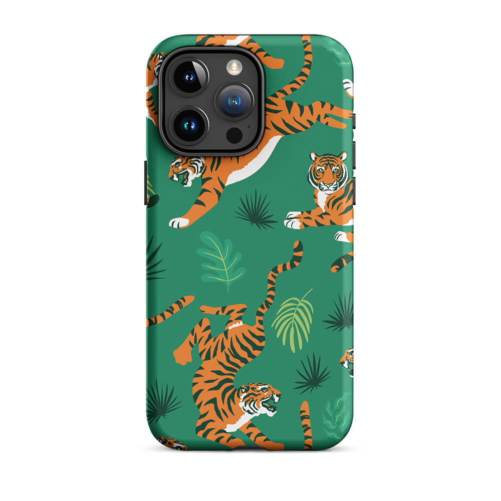 Savage Tiger Floral Green Leaves iPhone 15 Pro Max Robust Case