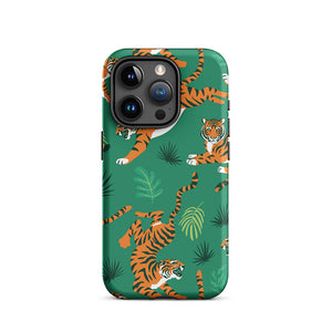 Savage Tiger Floral Green Leaves iPhone 15 Pro Robust Case