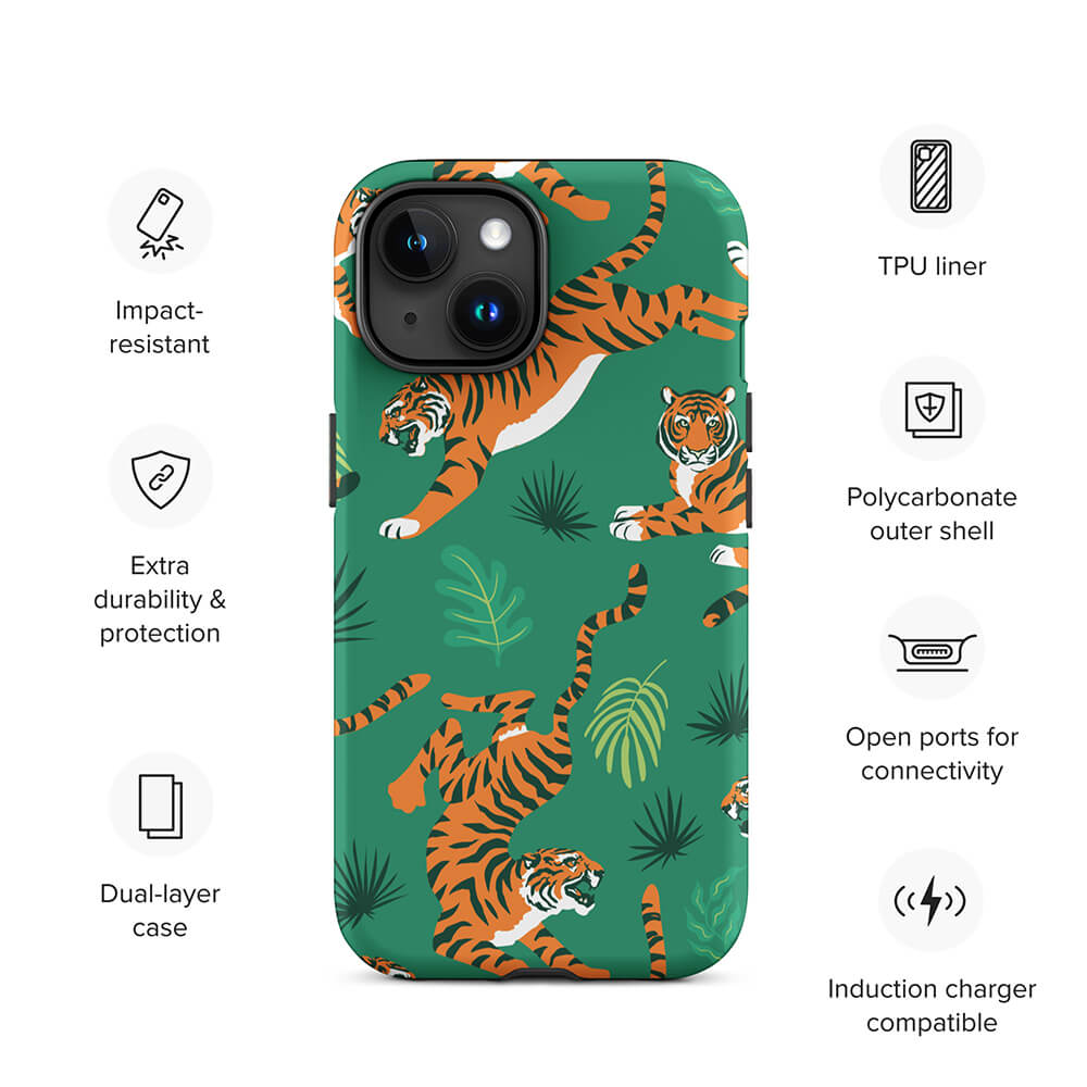 Savage Tiger Floral Green Leaves iPhone 15 Robust Case Features