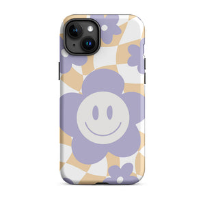 Smiling Pastel Flower Checkered Pattern iPhone 15 Plus Rugged Case
