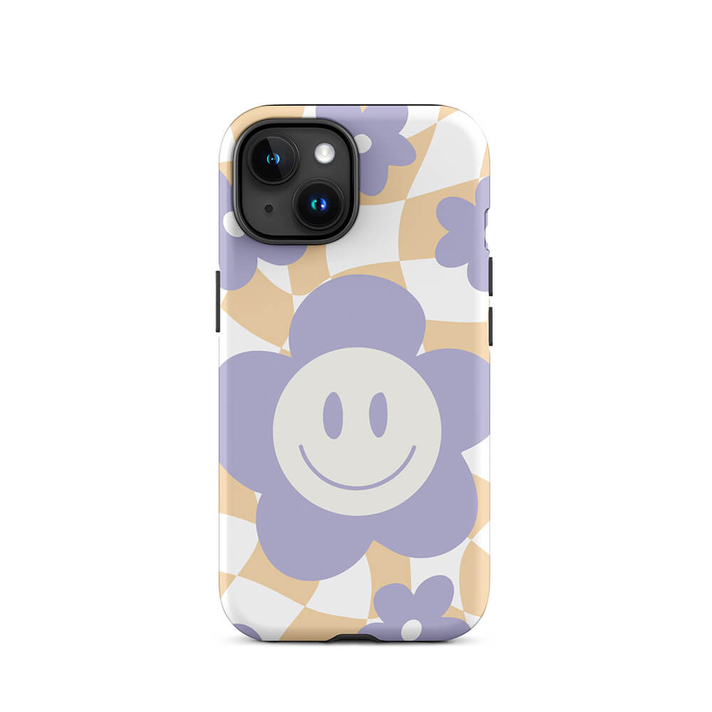 Smiling Pastel Flower Checkered Pattern iPhone 15 Rugged Case