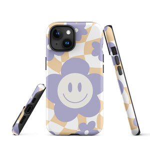 Smiling Pastel Flower Checkered Pattern iPhone 15 Rugged Case Picture