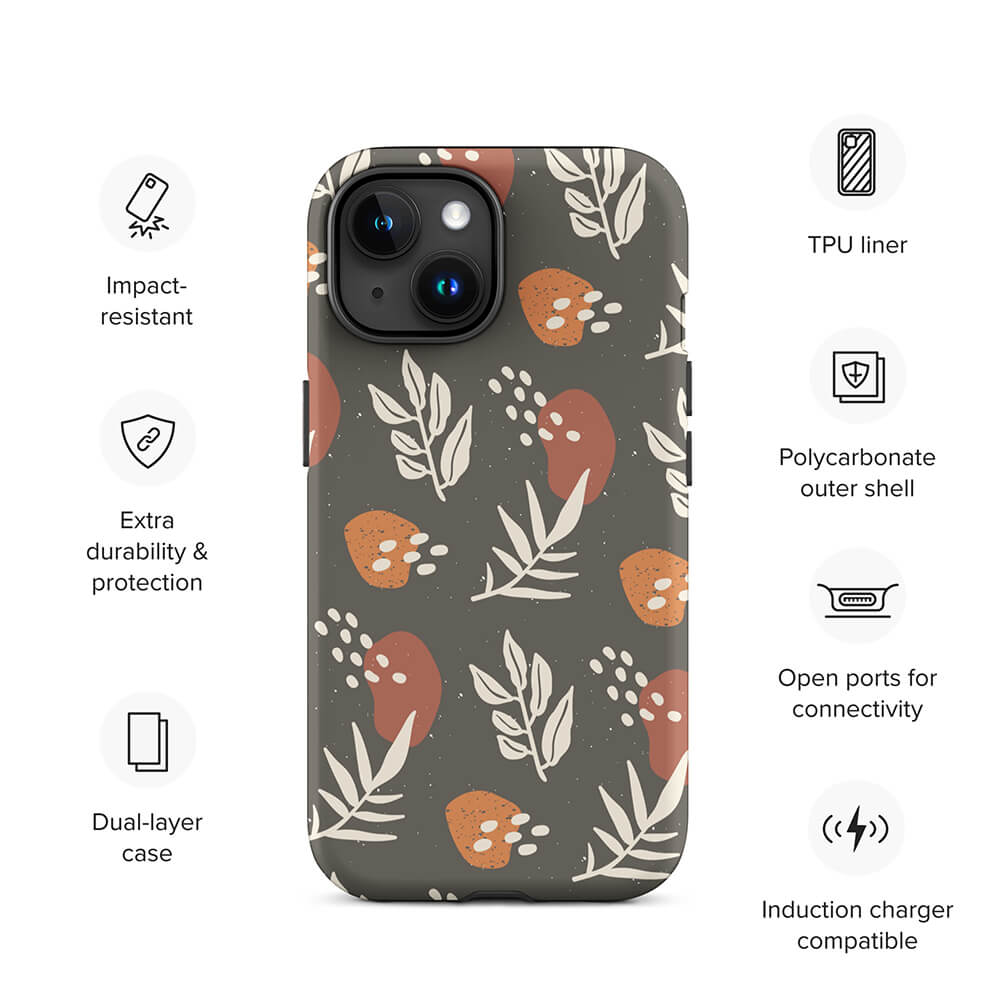 Soft Grayish Green Plant Leaf Seed iPhone 15 Case Features