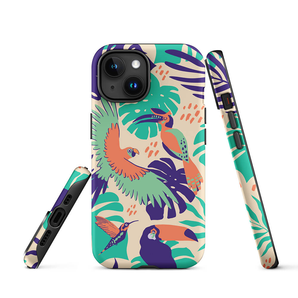 Tropical Island Birds Floral Leaves iPhone 15 Robust Case Picture