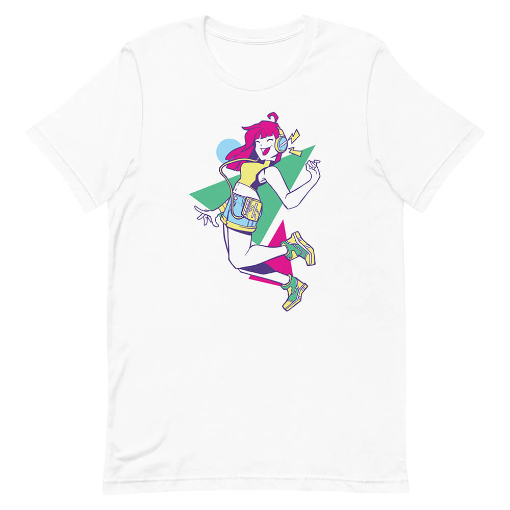 White Joyful Long Hair Girl Headphones Tee Music Lover