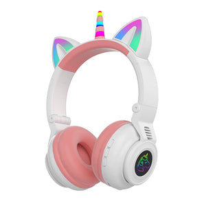 White Wireless Kawaii Unicorn Headphones Mic RGB Foldable Kids