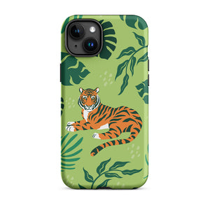 Wild Lazy Tiger Floral Leaves iPhone 15 Plus Robust Case