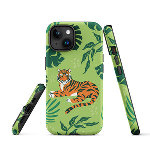 Wild Lazy Tiger Floral Leaves iPhone 15 Robust Case Picture