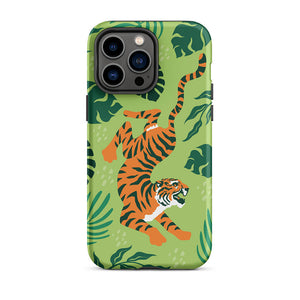 Wildlife Sneaky Tiger Floral Leaves iPhone 14 Pro Max Robust Case