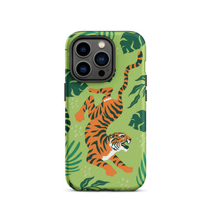 Wildlife Sneaky Tiger Floral Leaves iPhone 14 Pro Robust Case