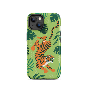 Wildlife Sneaky Tiger Floral Leaves iPhone 14 Robust Case