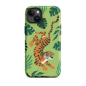 Wildlife Sneaky Tiger Floral Leaves iPhone 15 Plus Robust Case