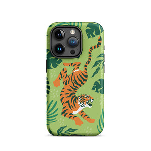 Wildlife Sneaky Tiger Floral Leaves iPhone 15 Pro Robust Case