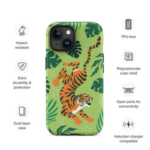 Wildlife Sneaky Tiger Floral Leaves iPhone 15 Robust Case Features