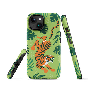 Wildlife Sneaky Tiger Floral Leaves iPhone 15 Robust Case Picture