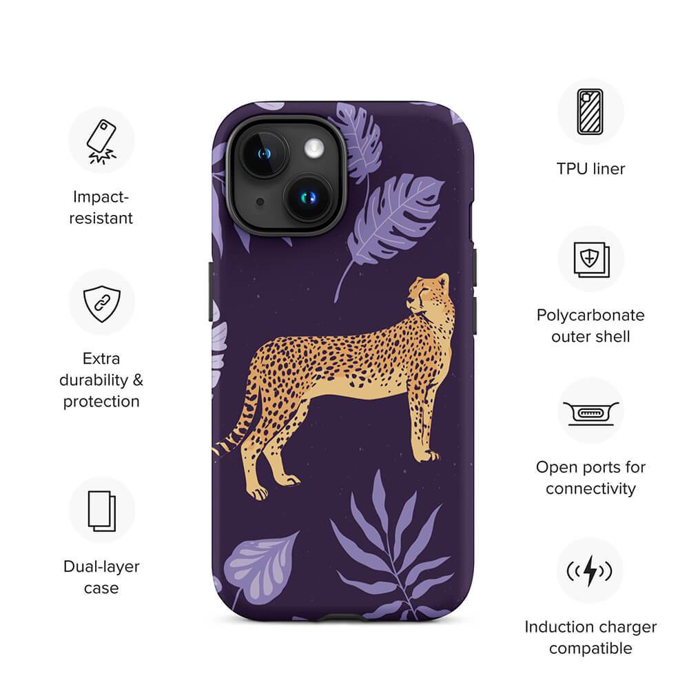 Wildlife Unposed Cheetah Plant Leaves iPhone 15 Robust Case Features