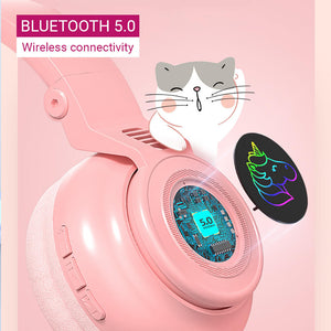 Wireless Bluetooth 5.0 Kawaii Unicorn Headphones Mic RGB Foldable Kids