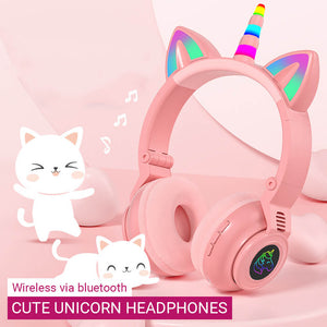 Wireless Kawaii Cute Unicorn Design Headphones Mic RGB Foldable Kids