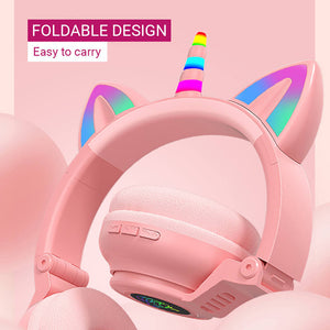 Wireless Kawaii Unicorn Headphones Mic RGB Foldable Design Kids