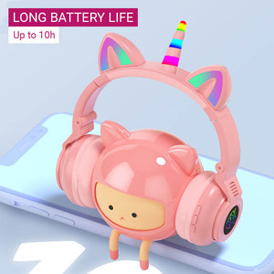 Wireless Kawaii Unicorn Headphones Mic RGB Foldable Kids Battery Life