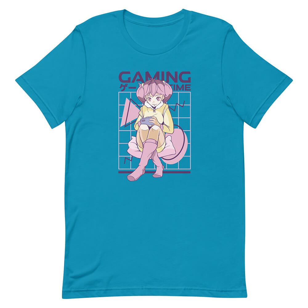 Aqua Casual Gaming Girl Time Shirt Playing Phone