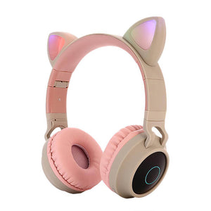 Beige Kawaii Cat Ear Headphones LED Wireless