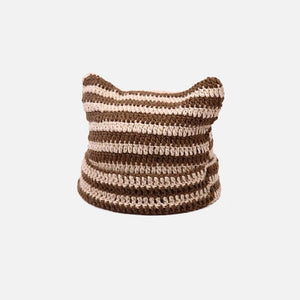 Beige Striped Sweety Devil Horn Knit Beanie