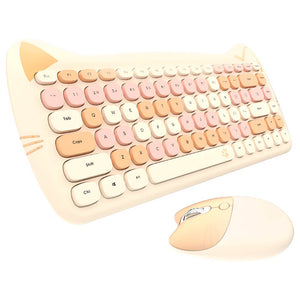 Beige 2.4Ghz Wireless Cute Kitty Combo Keyboard Mouse Compact