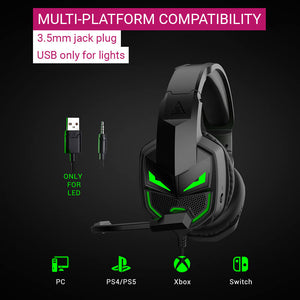 Black Anime Villain Headset Mic LED 3.5mm Jack USB Multi-Platform Compatibility