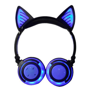 Black Blue Bluetooth Hairy Cat Ear Headphones Mic Glowing LED