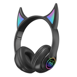 Black Bluetooth 5.0 Demon Ear Headphones Mic LED Light