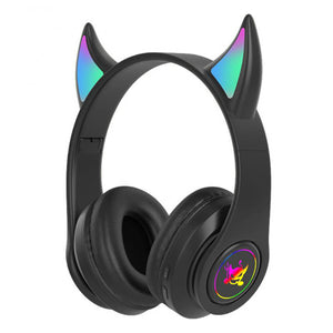 Black Bluetooth 5.0 Little Devil Horn Headphones Mic RGB
