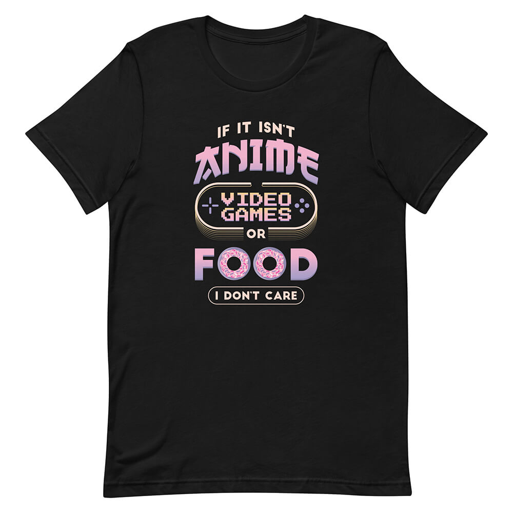Black Funny Cartoonish Tee Anime Video Game Food Passion