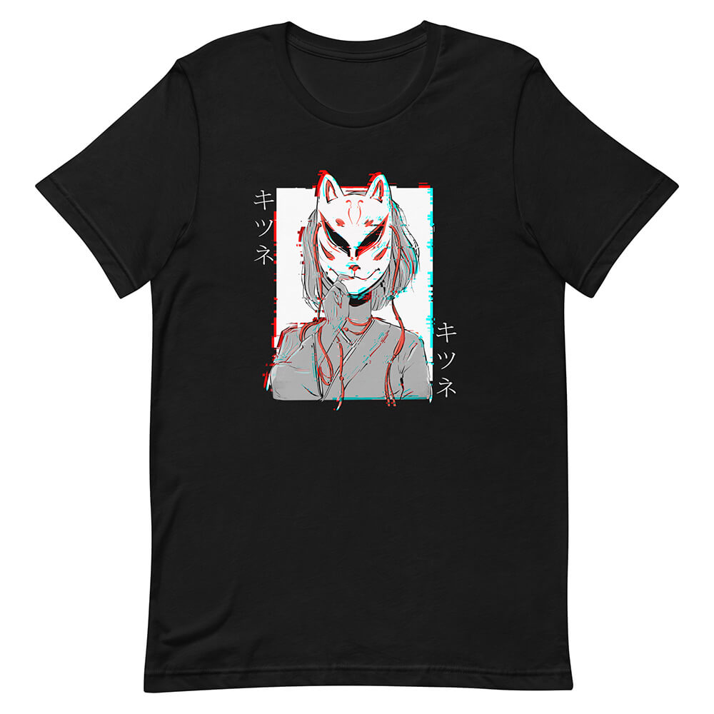 Black Glitchy Cyber Kitsune Mask Girl Shirt Short Hair