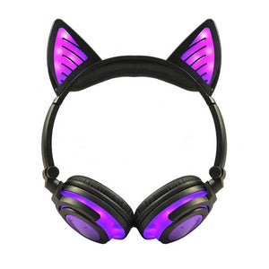 Black Purple Bluetooth Hairy Cat Ear Headphones Mic Glowing LED