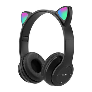 Black Wireless Kitty Ear Headphones Mic RGB Children
