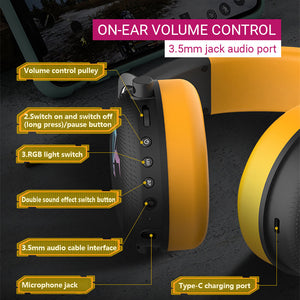 Black Yellow Bluetooth 5.2 Tri-Mode Modern Headset Mic RGB Stereo On-Ear Volume Control