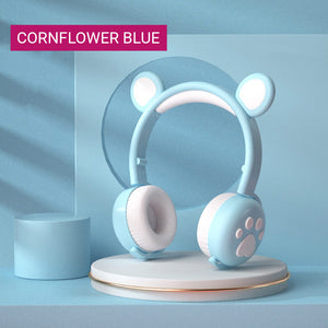 Blue Cute Bear Ear Headphones Bluetooth 5.0 RGB Kids