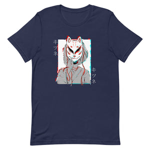 Blue Glitchy Cyber Kitsune Mask Girl Shirt Short Hair