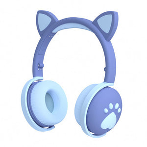 Blue Kawaii Cat Ear Headphones Paw LED Wireless