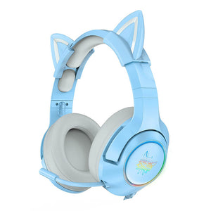 Blue Kawaii Kitty Headset Microphone LED 3.5mm Jack