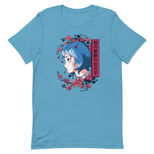 Blue Mature Blue Hair Anime Woman Shirt Sakura Flower